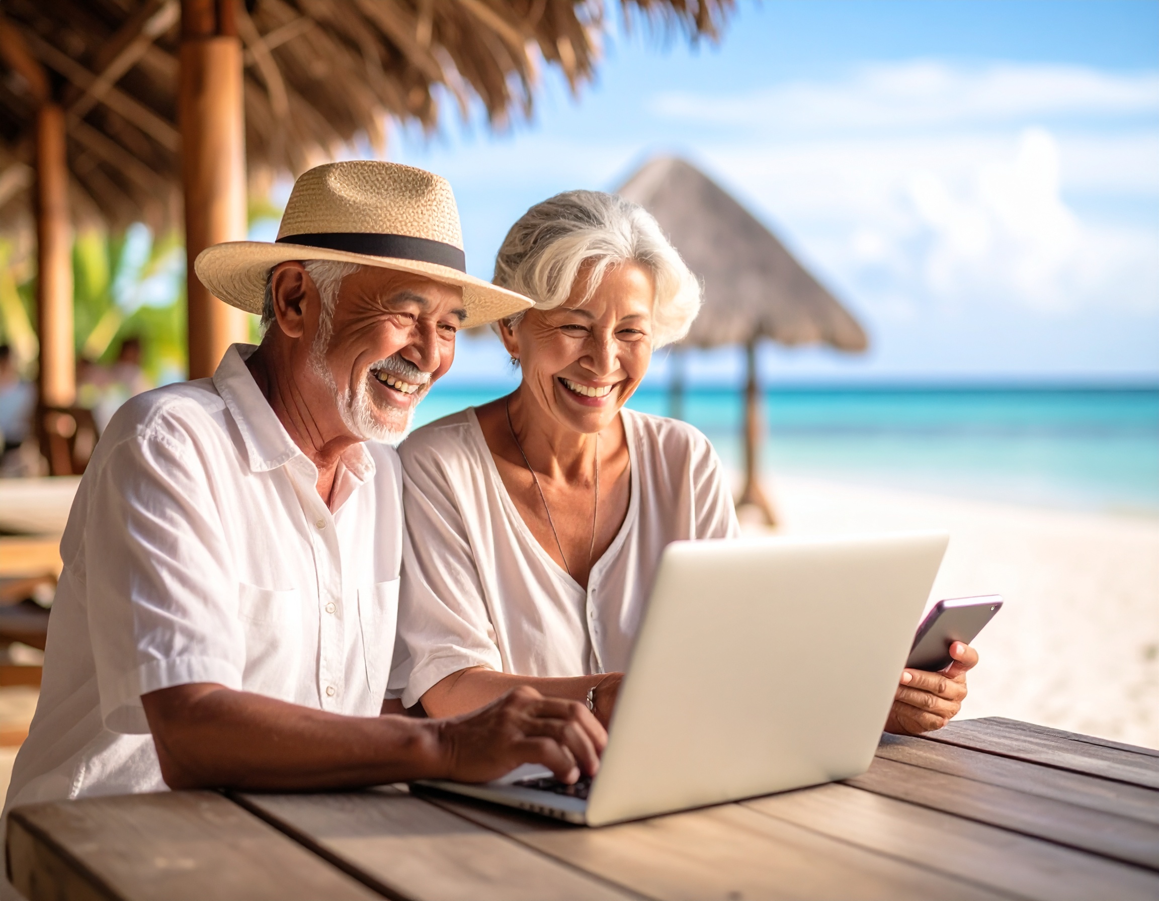 A couple looking at their laptop, while on vacation.