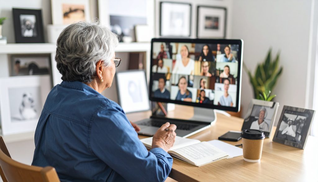 Senior woman online with friends - Zoom Meeting