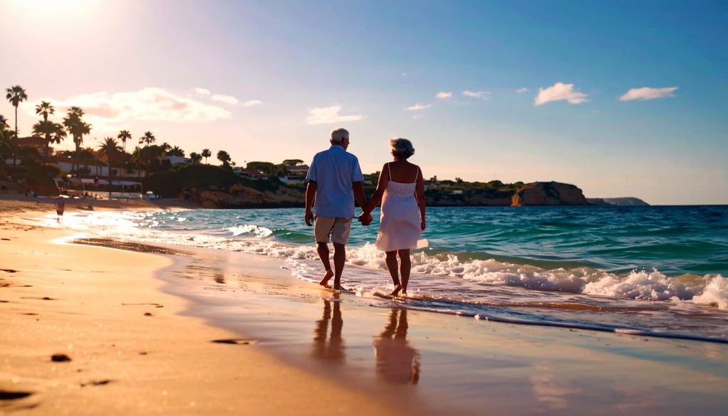 Senior Couple walking on the beach in Spain enjoying life