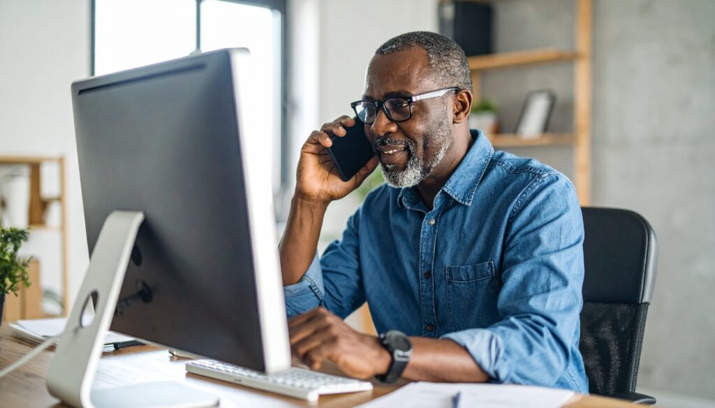 Man in home office talking on mobile and working on computer.
