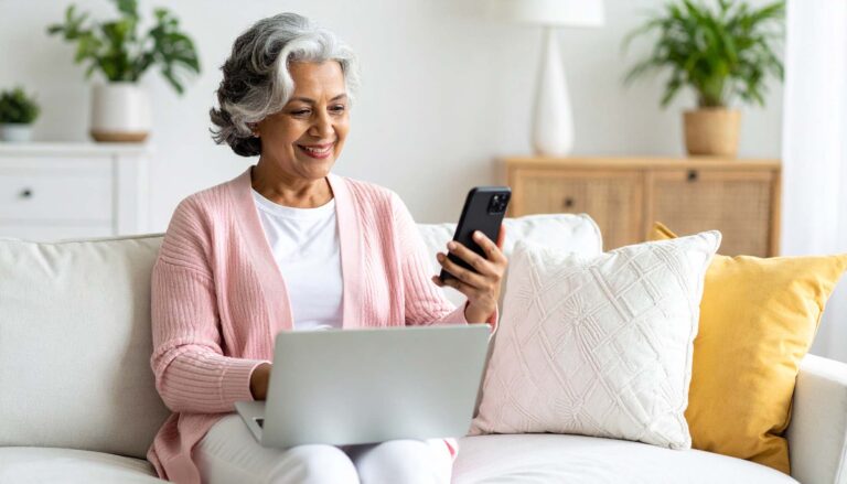 Senior enjoying staying connected online while being safe, after attending our free workshops at safeboomer.com