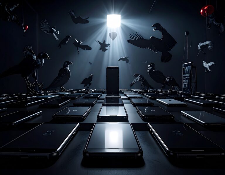 A photo that represents the dark web with cell phones laying in a dark room and bats flying around.