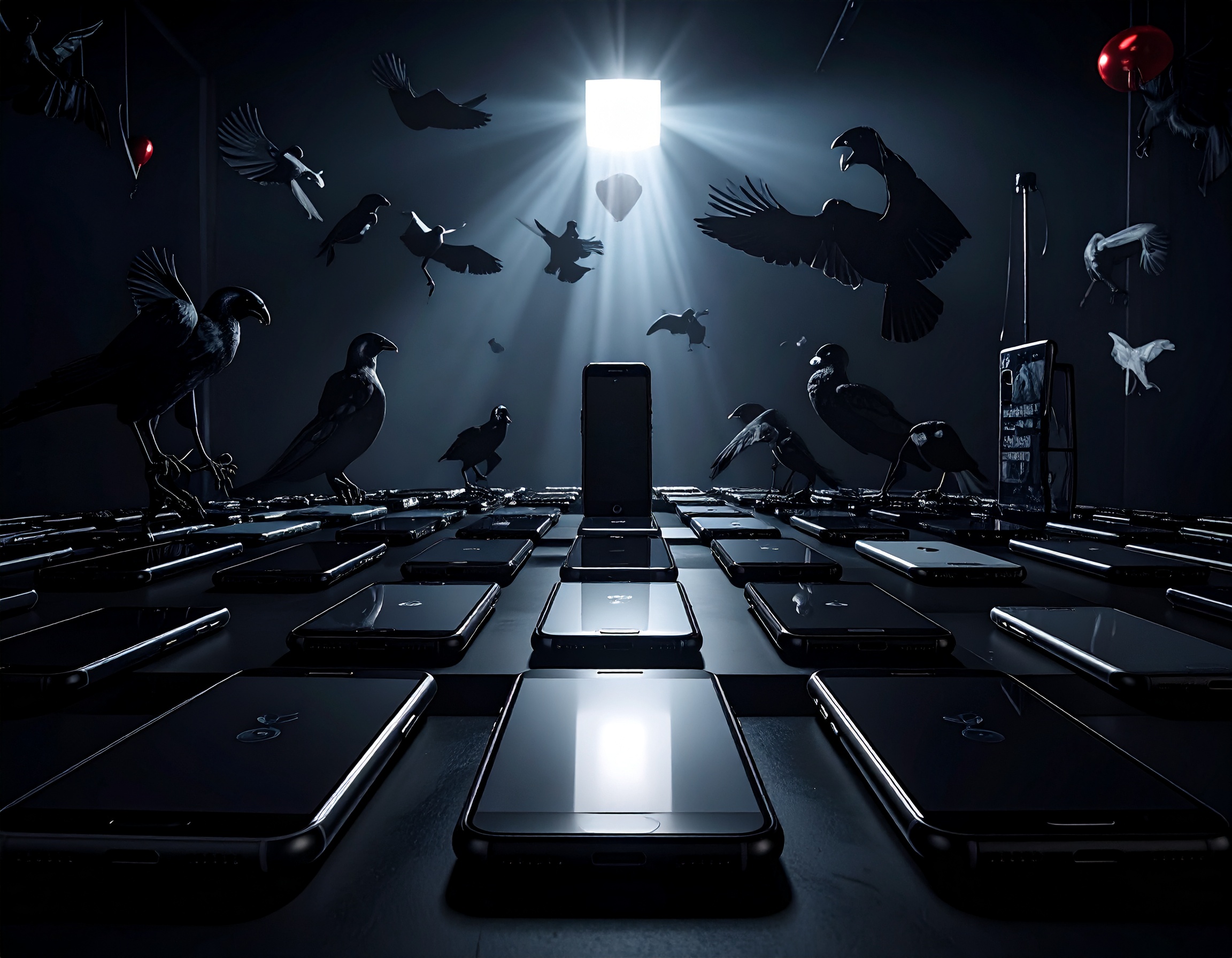 A photo that represents the dark web with cell phones laying in a dark room and bats flying around.