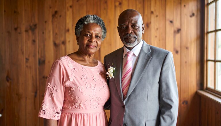 Senior couple dressed for their second wedding