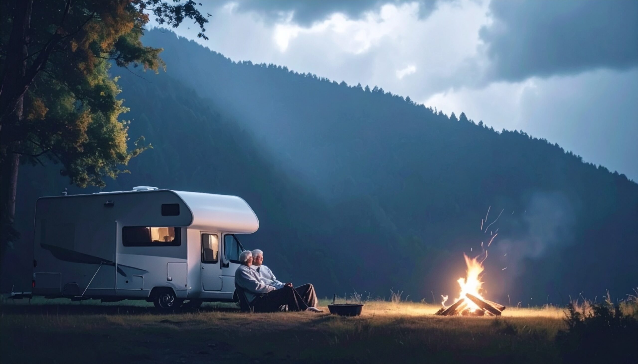 Senior couple camping in the mountains with an RV