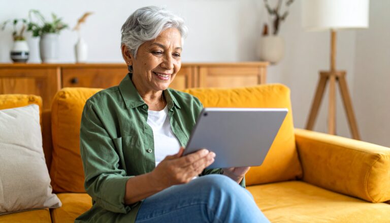 Senior female browsing on her iPad at home.