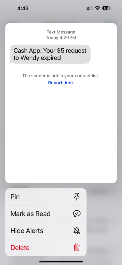 Cash App Scam text message example