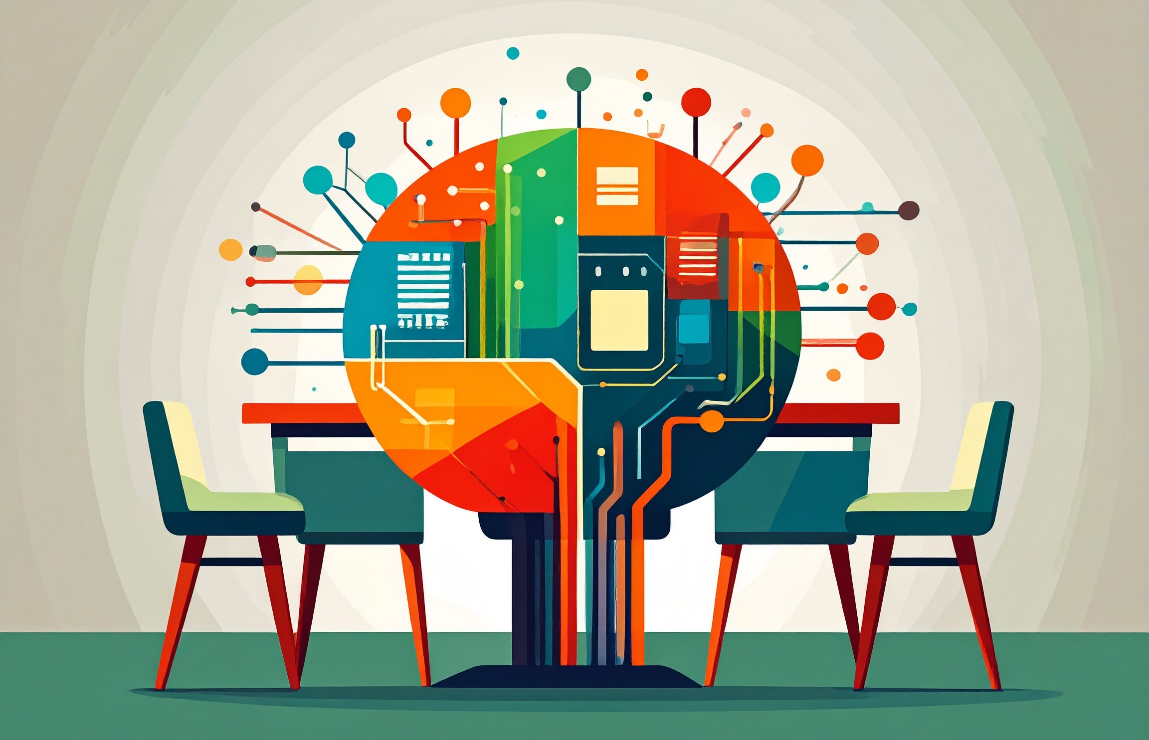 Colorful technology graphic with tables and chairs in a classroom workshop.
