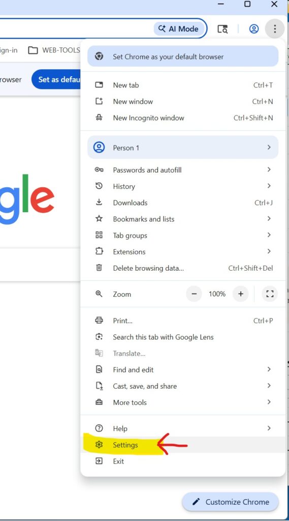 Google Chrome options for adjusting settings