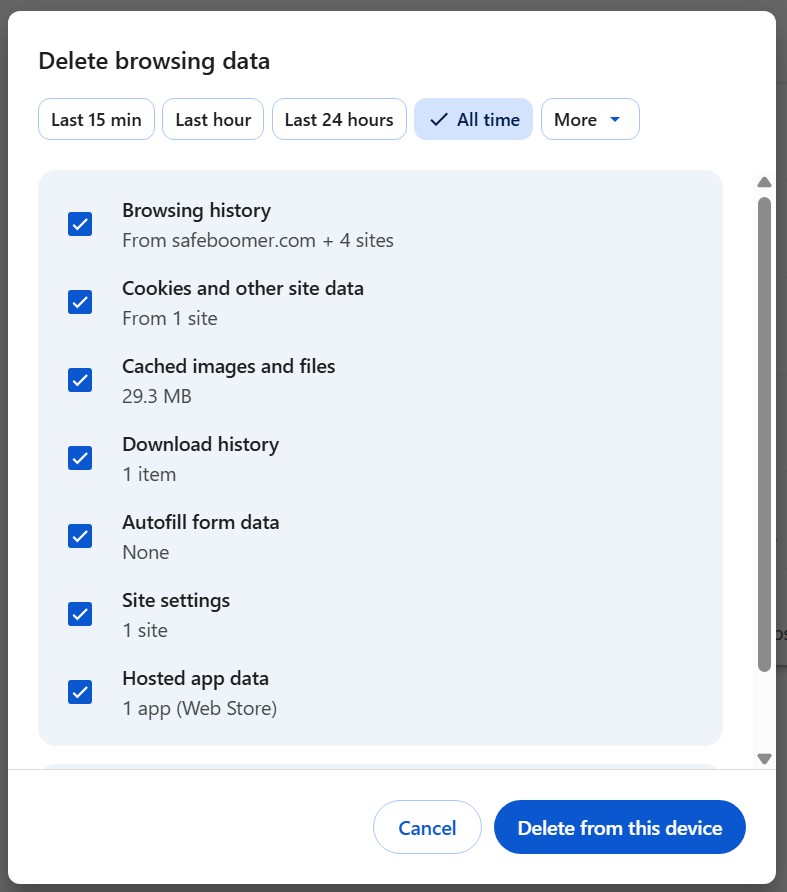 Google Chrome Settings - deleting cookies, history, cache, etc.