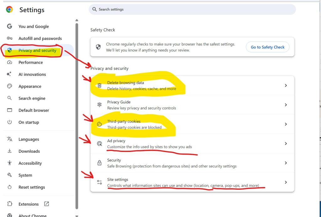 Google Chrome - Privacy and Security settings.